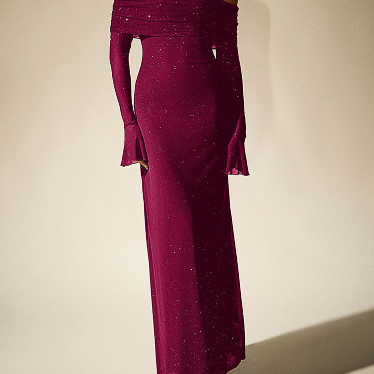 Off-Shoulder Maxi Dress With Glitter Detail And Mesh Sleeves - claret