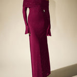 Off-Shoulder Maxi Dress With Glitter Detail And Mesh Sleeves - claret