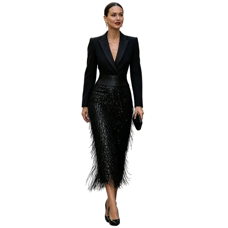Black Blazer Sequin Fringe Midi Dress