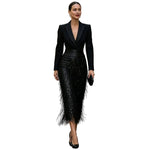 Black Blazer Sequin Fringe Midi Dress