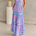 Striped Printed Suspender Long Midi Dress - pink and blue stripe