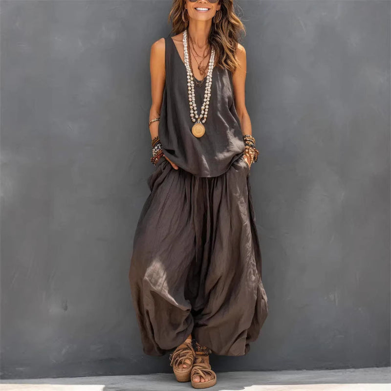 Casual Sleeveless Tank Top And Wide-Leg Pants - brown