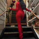 Sweater And High Waist Long Pants Set - red