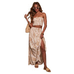 Leaf Print Strapless Top and Maxi Skirt Set - khaki
