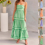 Striped Printed Suspender Long Midi Dress -green