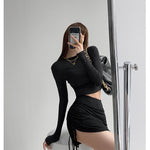 High-Waist Side-Drawstring Ruched Bodycon Mini Skirt — Black, Grey, Khaki & White