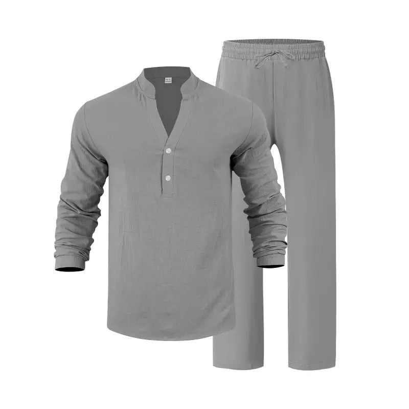 V-Neck Shirt And Long Pants Set - grey