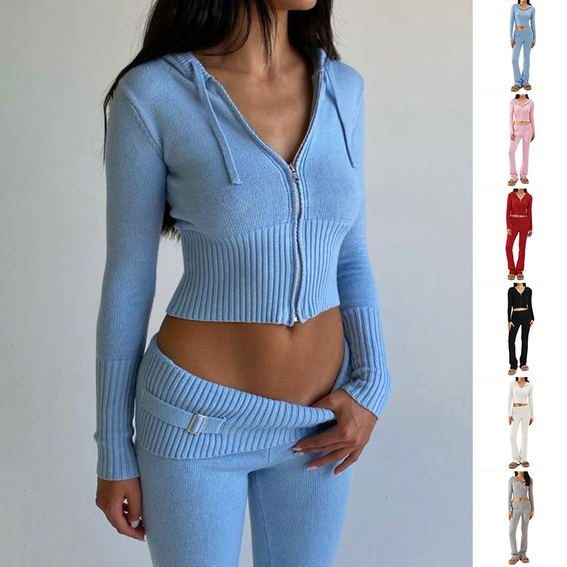 Sweater And High Waist Long Pants Set - blue