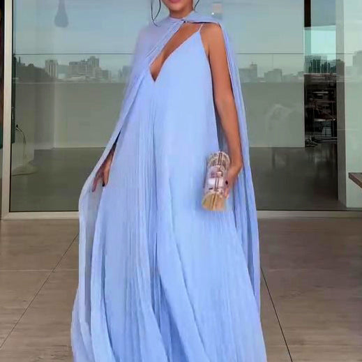 Light Blue Pleated Maxi Dress & Cape Two-piece Set