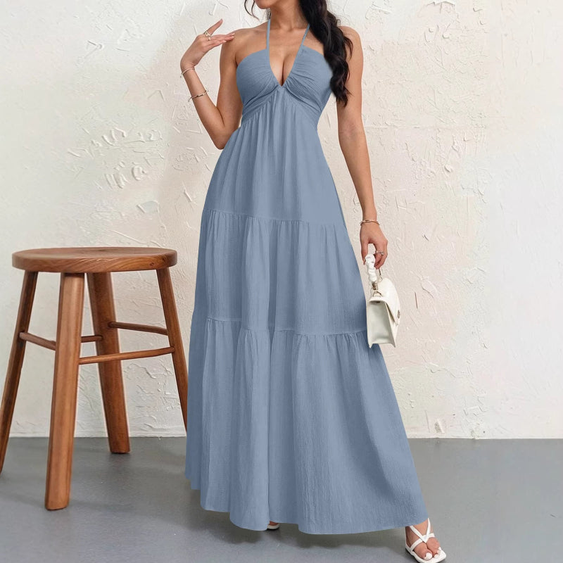 Backless Halterneck V-Neck Pleated A- Line Midi Dress - blue
