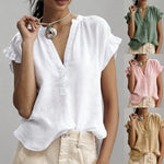 Casual V-Neck Cotton-Linen Blouse - white