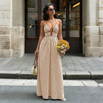 Deep V-neck Striped Maxi Dress - red