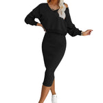 V-neck Pullover Sweatshirt And Sleeveless Dress Set - black