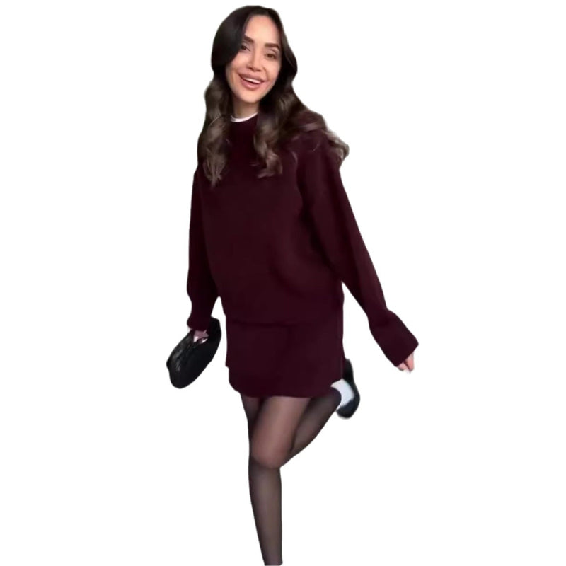 Long Sleeve Pullover Elegant Solid High Waist Mini Skirt Outfit