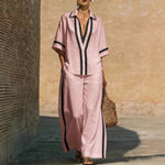 Short Sleeve Top And Wide Leg Pants Two Piece Set - pink
