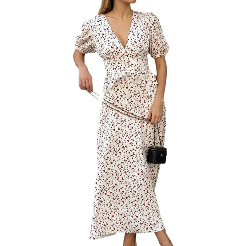 Ditsy Cherry Floral Flutter-Sleeve Ruffle Waist Maxi Dress