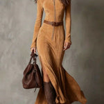 Temperament Split Long-sleeved Maxi Dresses - brown