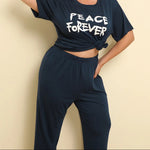 Plus Size PEACE FOREVER Dark Blue Short Sleeve Top & Pants Set - runwayfashionista.com