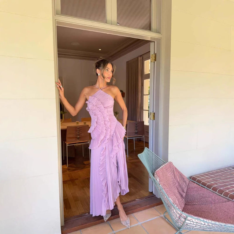 Ruffled Pleated Halterneck Midi Dress - Pink