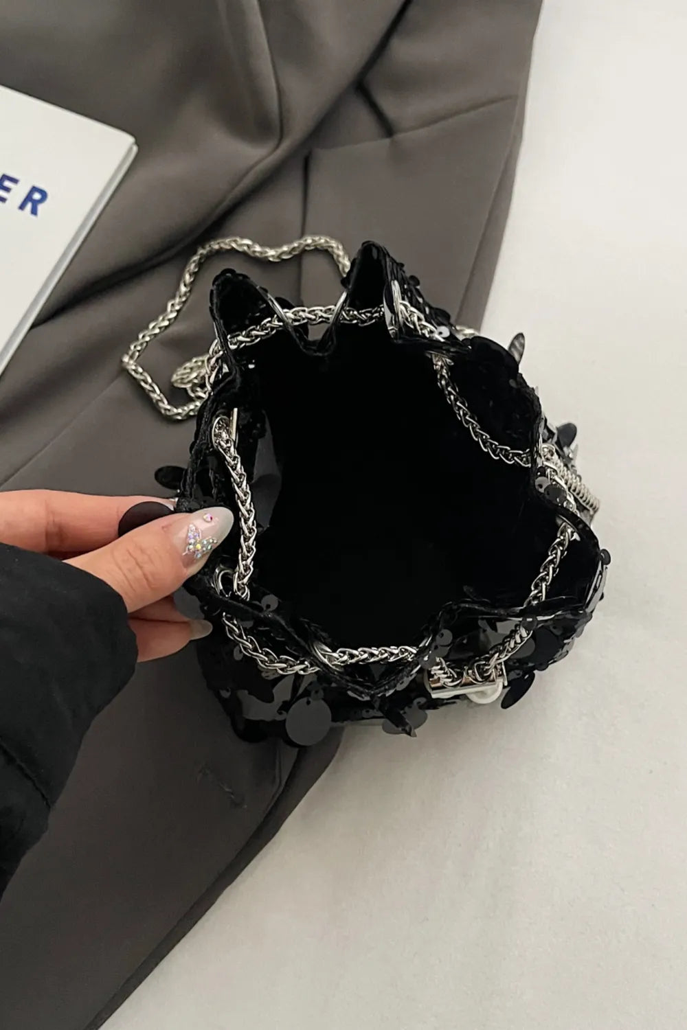 Drawstring Sequin Crossbody Bag - rnwayfashionista.com