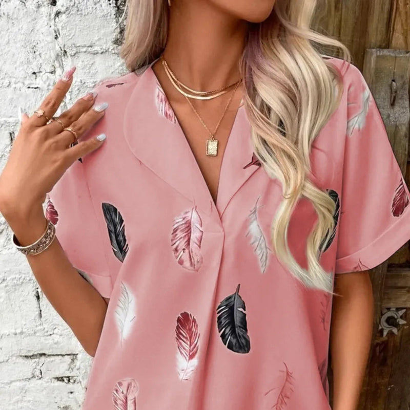 Printed Collared Neck Short Sleeve Blouse - runwayfashionista.com