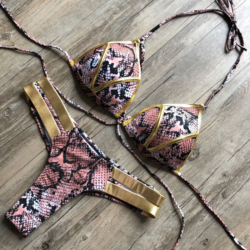 Gold-Trim Cage-Strap Triangle Bikini Set