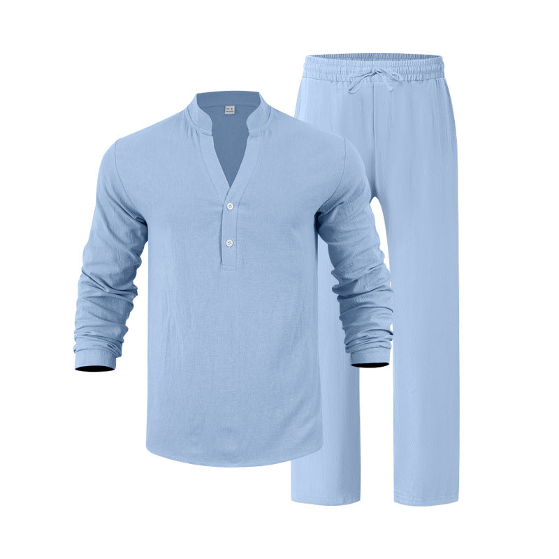 V-Neck Shirt And Long Pants Set - light bue