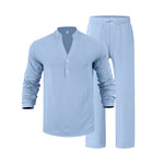 V-Neck Shirt And Long Pants Set - light bue