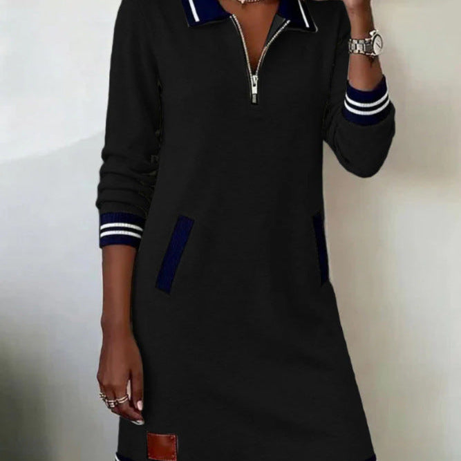 Lapel Zipper Pockets Long Sleeve Dresses - white