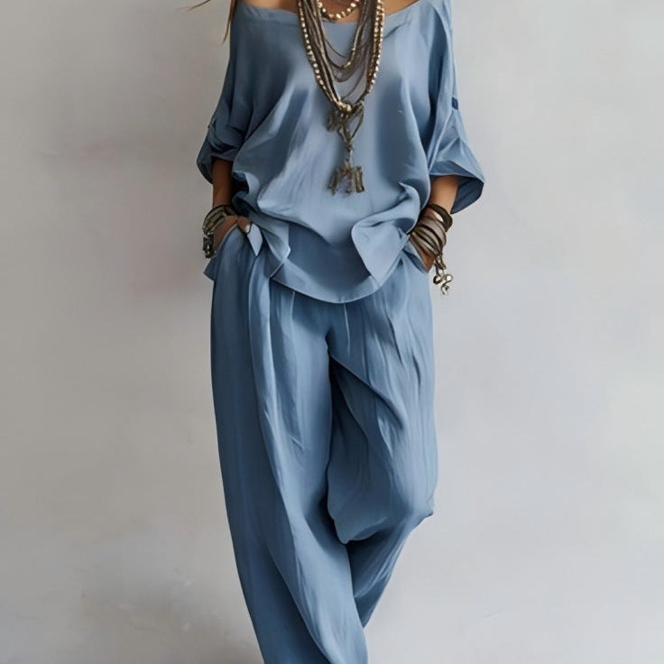 Three-quarter Sleeves Top And Loose Pockets Wide-Leg Pants Set - blue