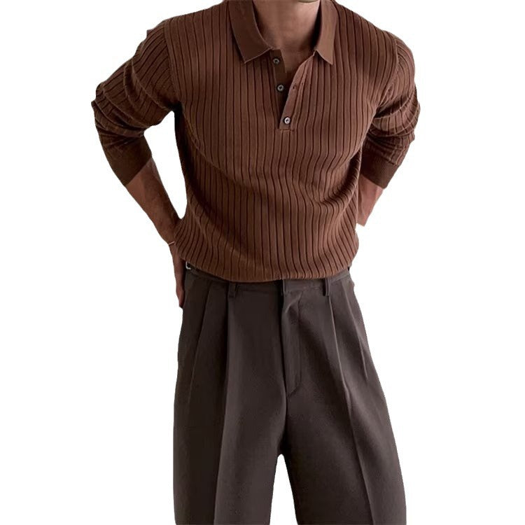Men's Ribbed Long Sleeve Knit Polo Shirt dark brown