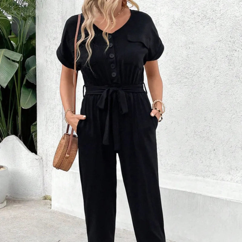 V-Neck Short Sleeve Jumpsuit - runwayfashionista.com