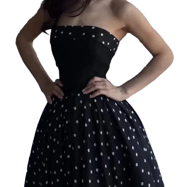 Black Polka Dot Strapless Fitted Bodice A-Line Maxi Dress