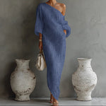 Irregular Off-shoulder Midi Dress - blue