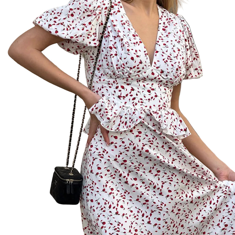 Ditsy Cherry Floral Flutter-Sleeve Ruffle Waist Maxi Dress