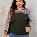 Honey Plus Size Printed Long Sleeve Sweatshirt in Black, Navy, Army Green with geometric print and round neck. Loose fit pullover