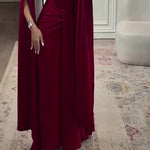 Elegant Burgundy Square - Neck CapeMaxi Dress