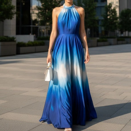 Ombre Halter Backless Maxi Dress-Elegant Blue Gradient Evening Gown