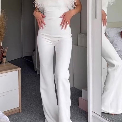 Elegant White Off-Shoulder Jumpsuit With Feather Accents