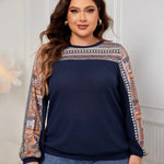 Honey Plus Size Printed Long Sleeve Sweatshirt in Black, Navy, Army Green with geometric print and round neck. Loose fit pullover