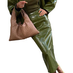 Faux Leather Batwing Zip Jacket & Fitted Midi Skirt Co-Ord - olive green