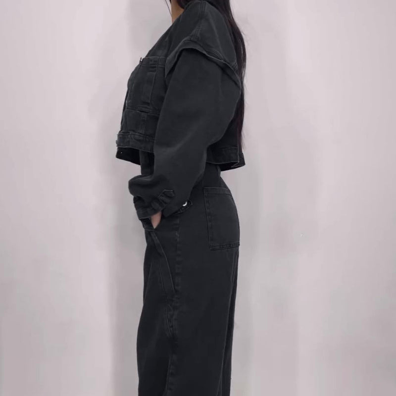 Denim Bandeau Zipper Jumpsuit & Jacket Set - black