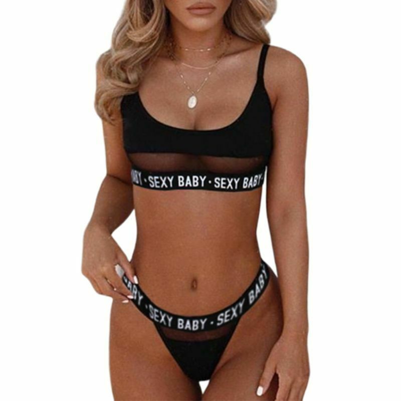 openwork letters split bikini - black