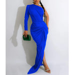 Asymmetrical Neck Single Long Sleeve Maxi Dress with Pleats - blue