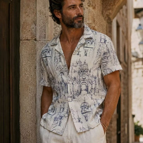 Men's European Architecture Sketch Toile Print Cotton Camp Collar Short-Sleeve Resort Shirt