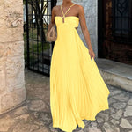 Pleated Sleeveless Sling Maxi Dress - yellow