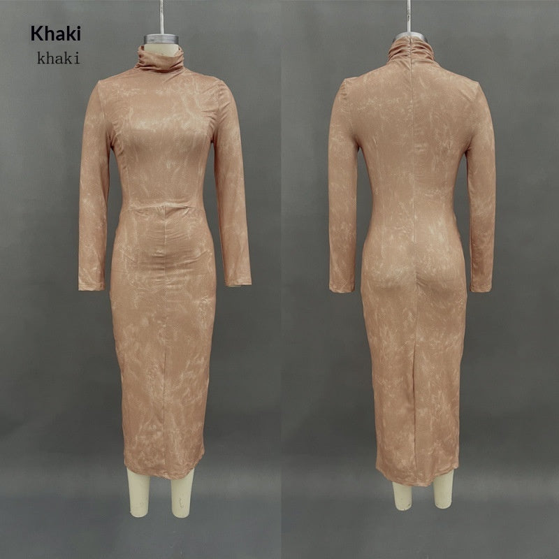 High Neck Long Sleeve Midi Dress - khaki