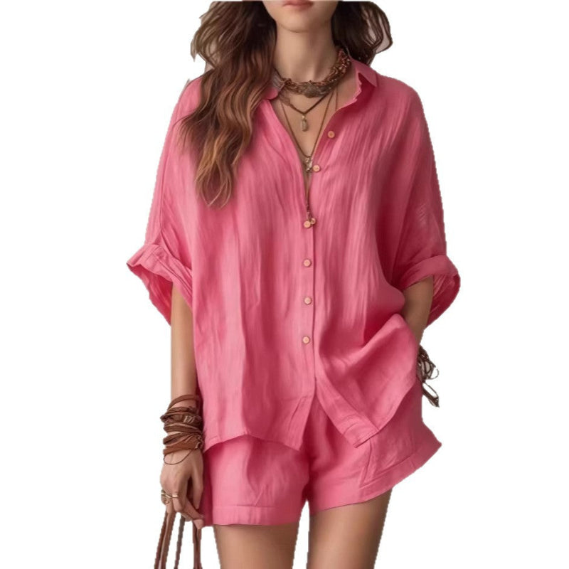 Single-Breasted Short-Sleeved Shirt Wide-Leg Shorts - pink