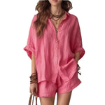 Single-Breasted Short-Sleeved Shirt Wide-Leg Shorts - pink