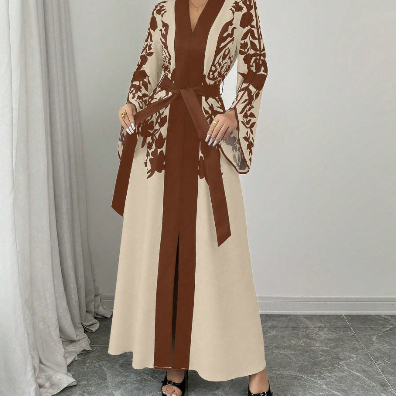 V-neck Long Sleeve Printed Flared Midi Dress - orange